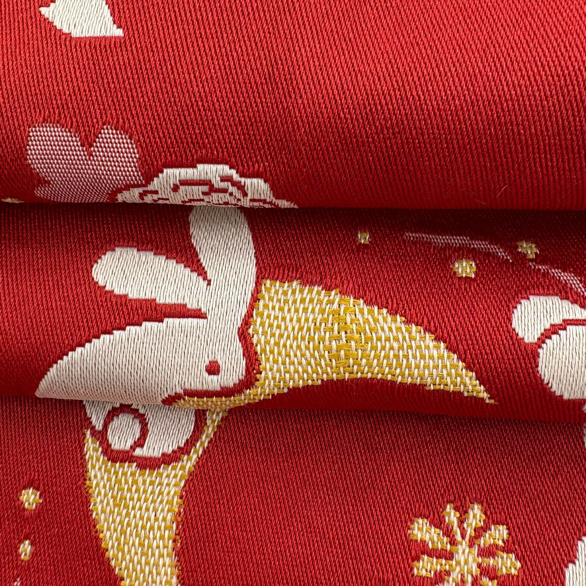 【美品】半幅帶 優品級 兔子 草花紋 紅 化纖