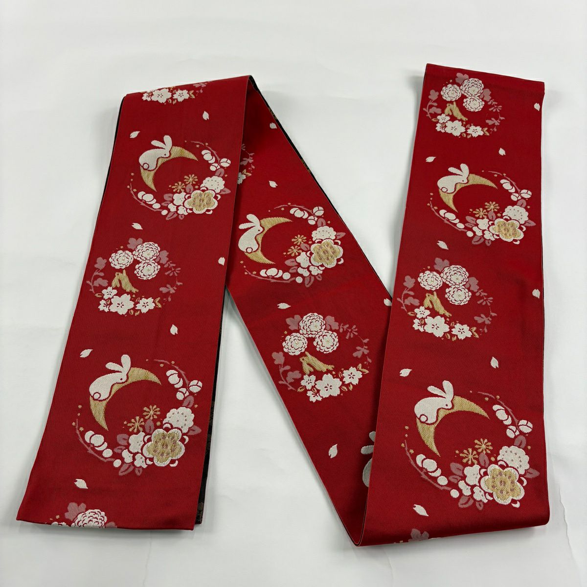 【美品】半幅帶 優品級 兔子 草花紋 紅 化纖