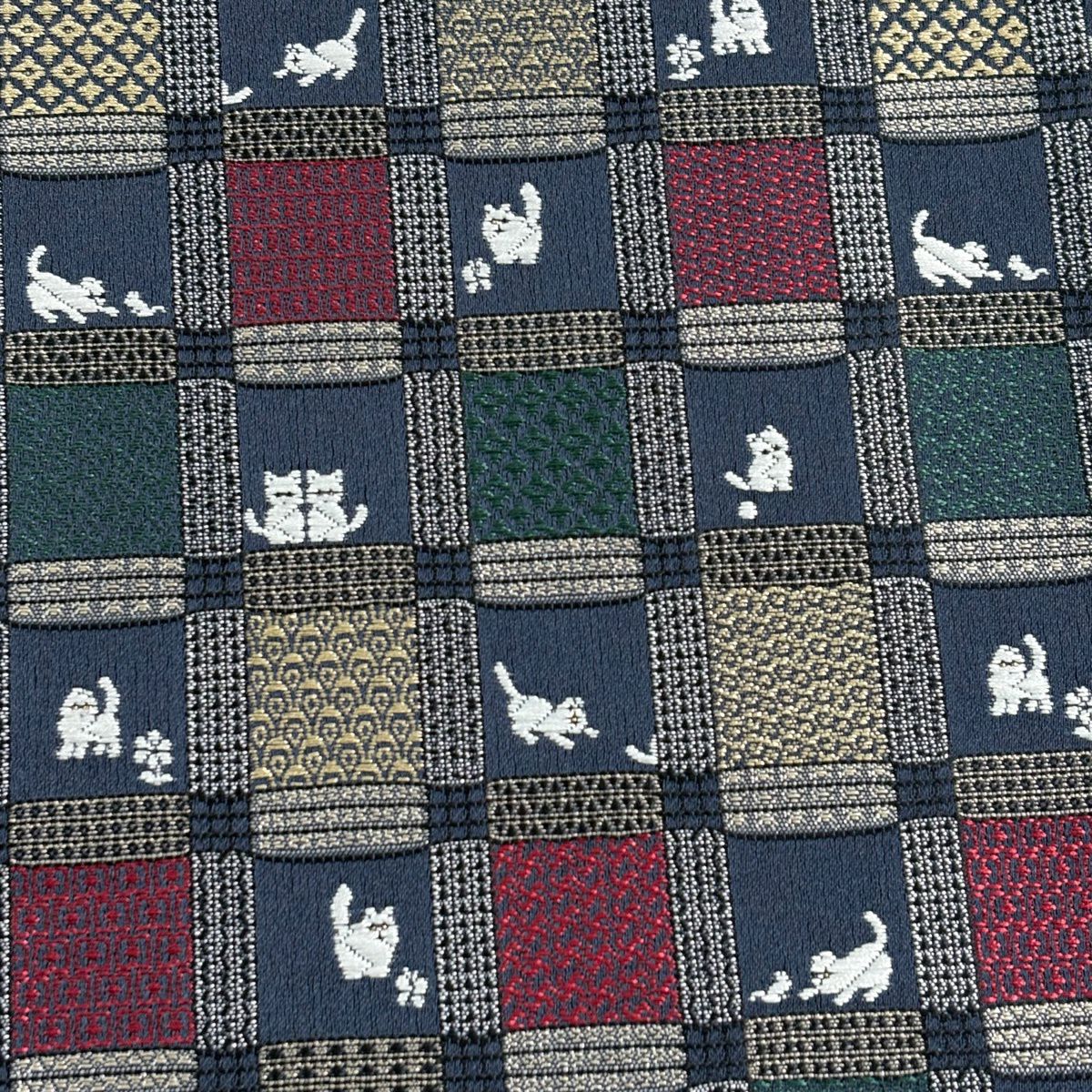 【美品】半幅帶 優品級 格子 貓 深綠 化纖