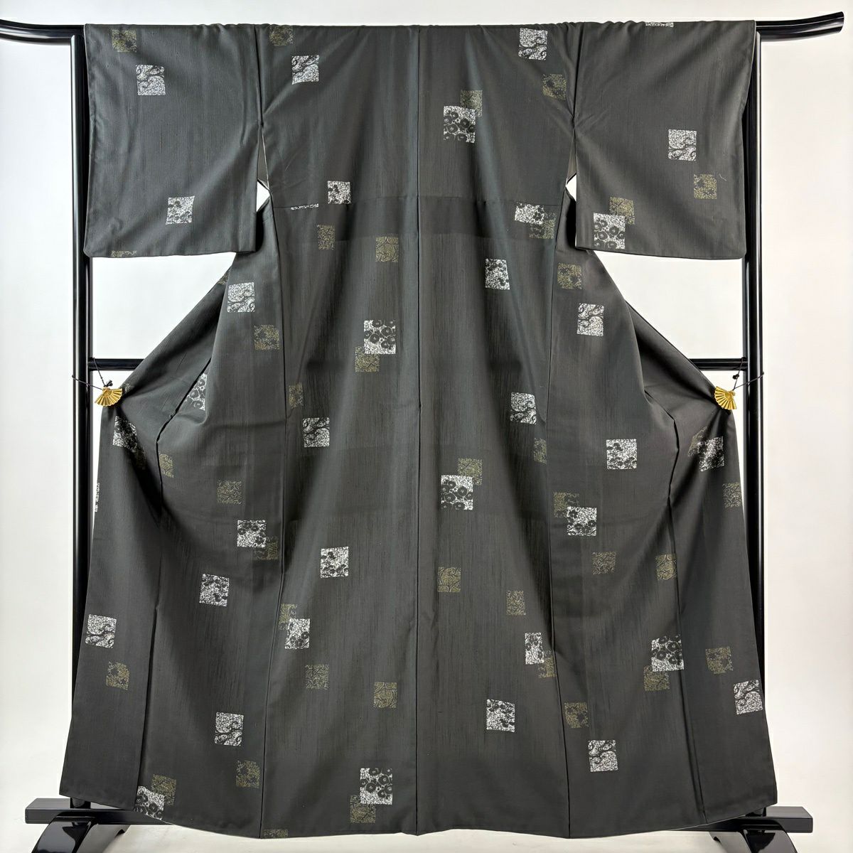 【美品】 小紋 身長160.5cm 袖長65.5cm M 雙層 紬織織 色紙 草花紋紋 金銀彩 深綠 純蠶絲 名品級