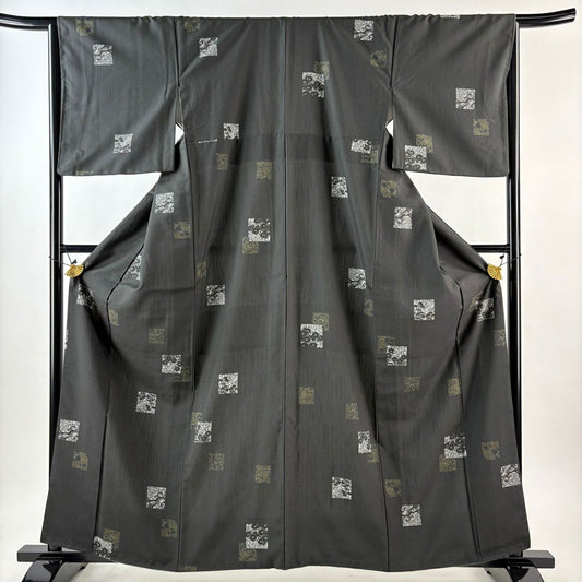 【美品】 小紋 身長160.5cm 袖長65.5cm M 雙層 紬織織 色紙 草花紋紋 金銀彩 深綠 純蠶絲 名品級