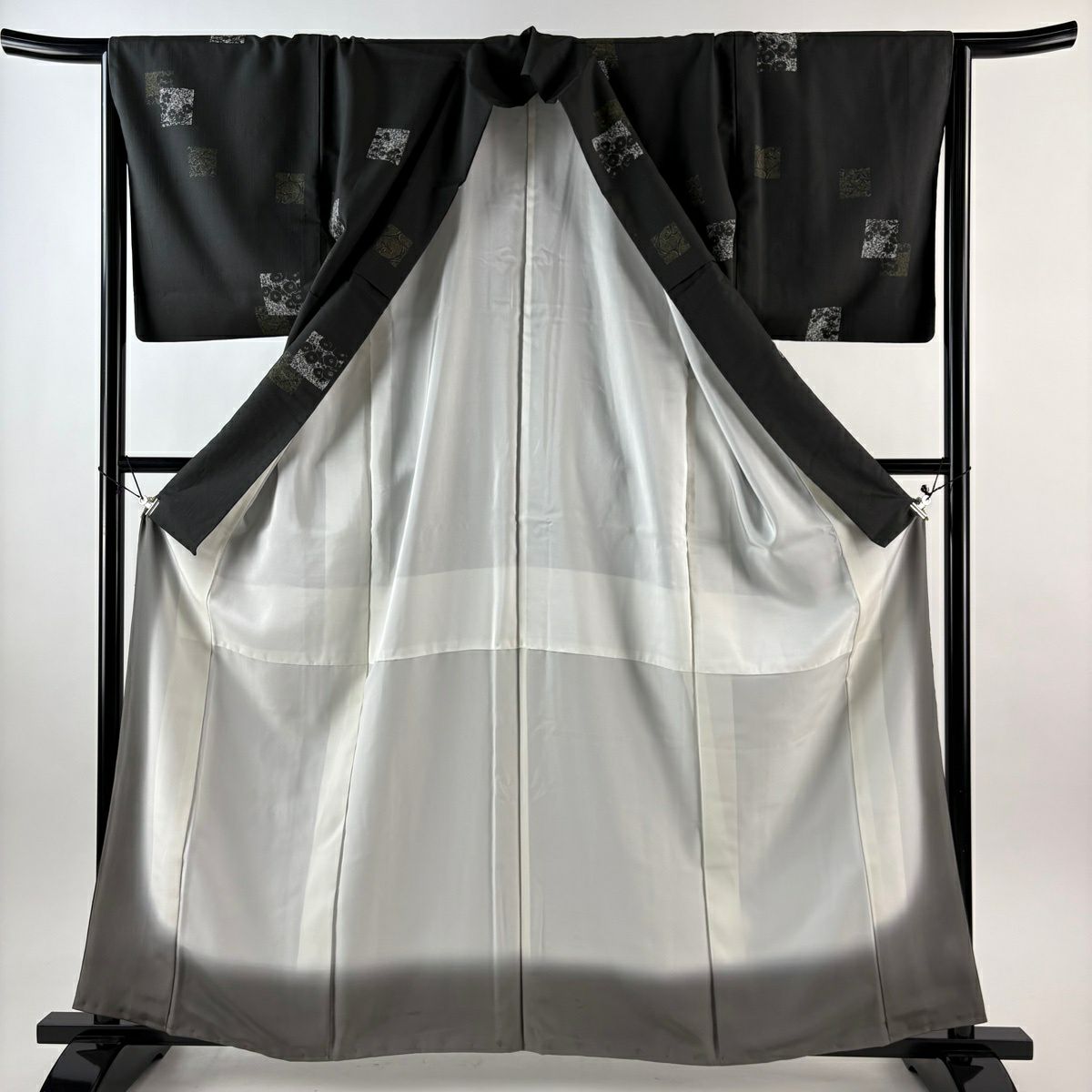 【美品】 小紋 身長160.5cm 袖長65.5cm M 雙層 紬織織 色紙 草花紋紋 金銀彩 深綠 純蠶絲 名品級