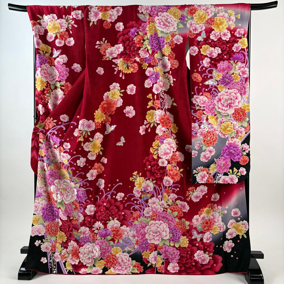 【美品】振袖禮服 身長172.5cm 袖長70cm L 雙層 牡丹 蝶 刺繡 金銀彩 紅 純蠶絲 名品級