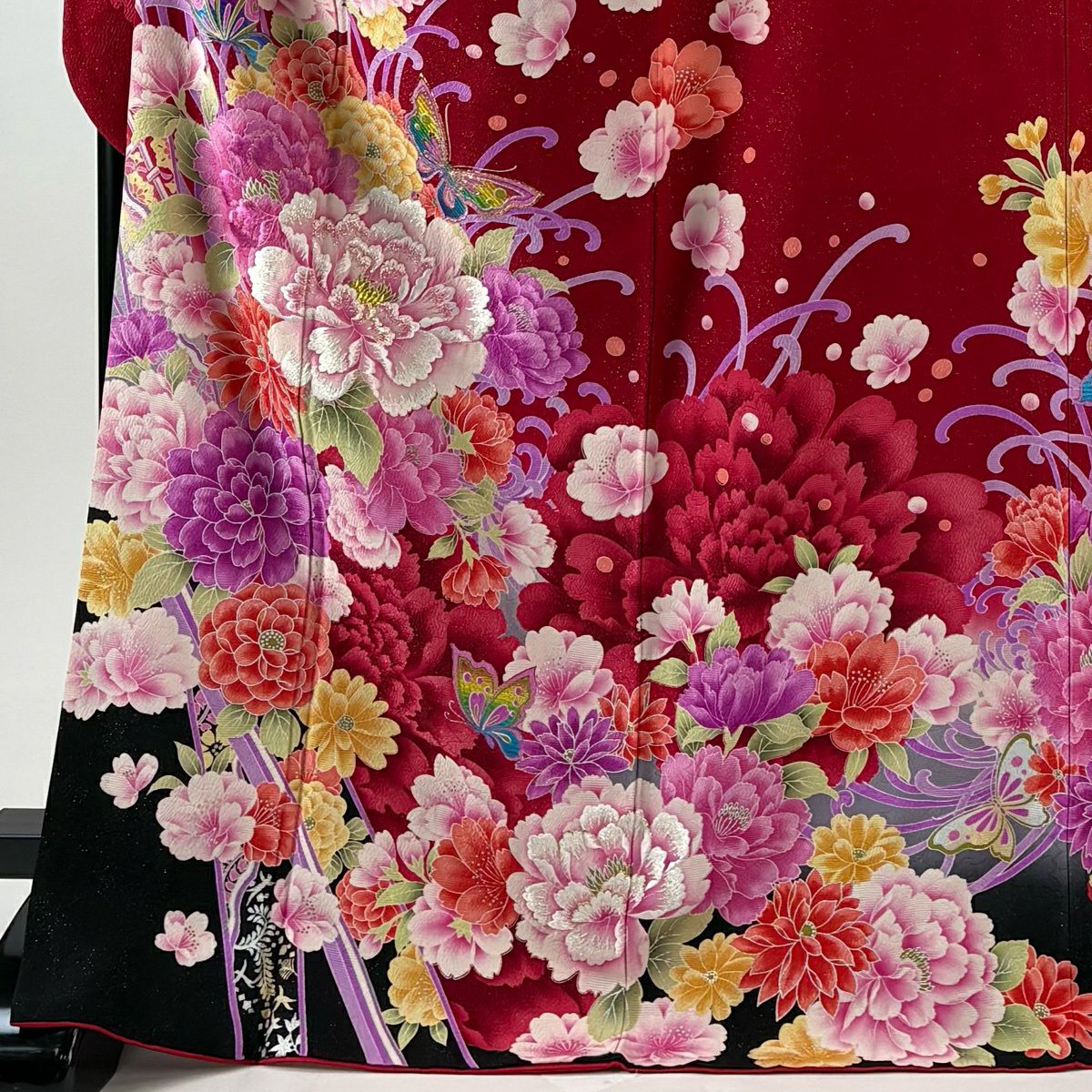 【美品】振袖禮服 身長172.5cm 袖長70cm L 雙層 牡丹 蝶 刺繡 金銀彩 紅 純蠶絲 名品級