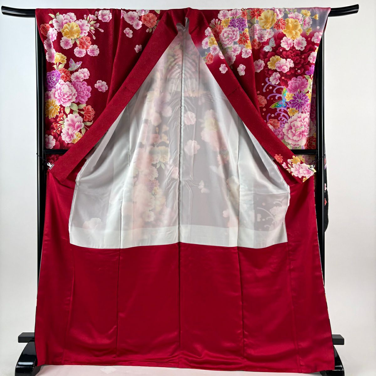 【美品】振袖禮服 身長172.5cm 袖長70cm L 雙層 牡丹 蝶 刺繡 金銀彩 紅 純蠶絲 名品級