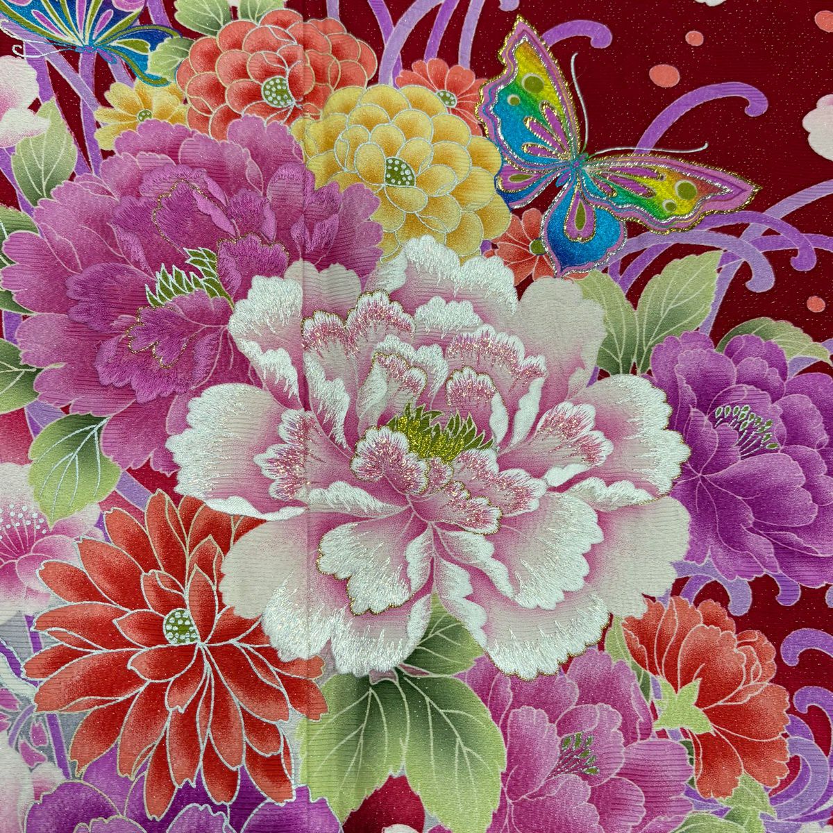 【美品】振袖禮服 身長172.5cm 袖長70cm L 雙層 牡丹 蝶 刺繡 金銀彩 紅 純蠶絲 名品級