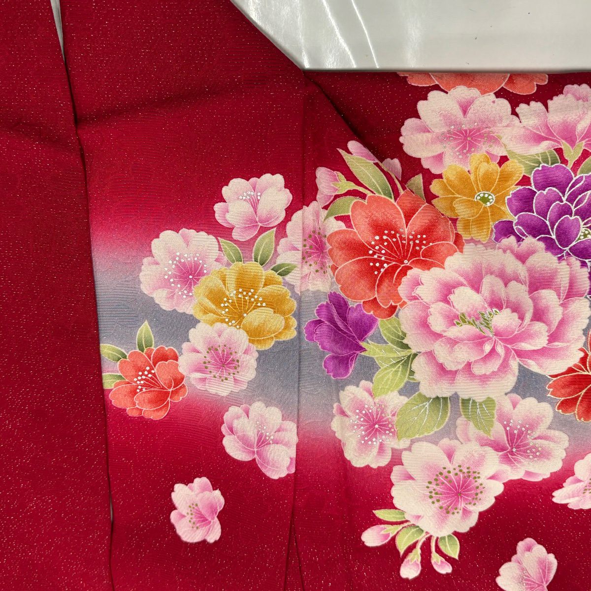 【美品】振袖禮服 身長172.5cm 袖長70cm L 雙層 牡丹 蝶 刺繡 金銀彩 紅 純蠶絲 名品級