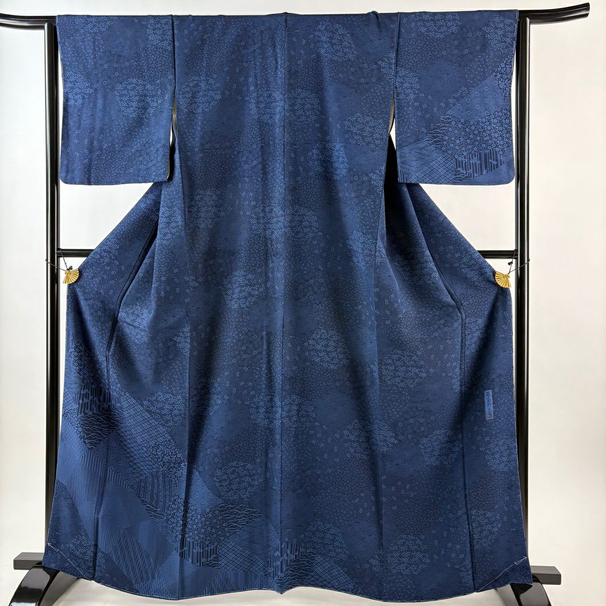 【美品】訪問服 身長164cm 袖長64cm M 雙層 天然泥藍 落款あり 草花紋紋 寄せ柄 藍色 純蠶絲 名品級