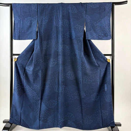 【美品】訪問服 身長164cm 袖長64cm M 雙層 天然泥藍 落款あり 草花紋紋 寄せ柄 藍色 純蠶絲 名品級