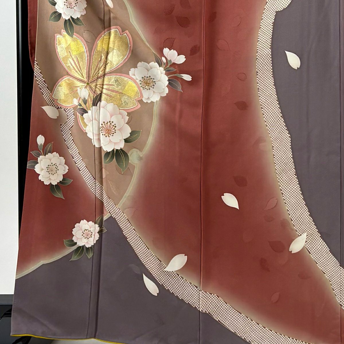 振袖禮服 身長166.5cm 袖長66.5cm M 雙層 hiromichi nakano 落款あり 櫻花 雪輪 金糸 金金箔 紅茶 純蠶絲 名品級