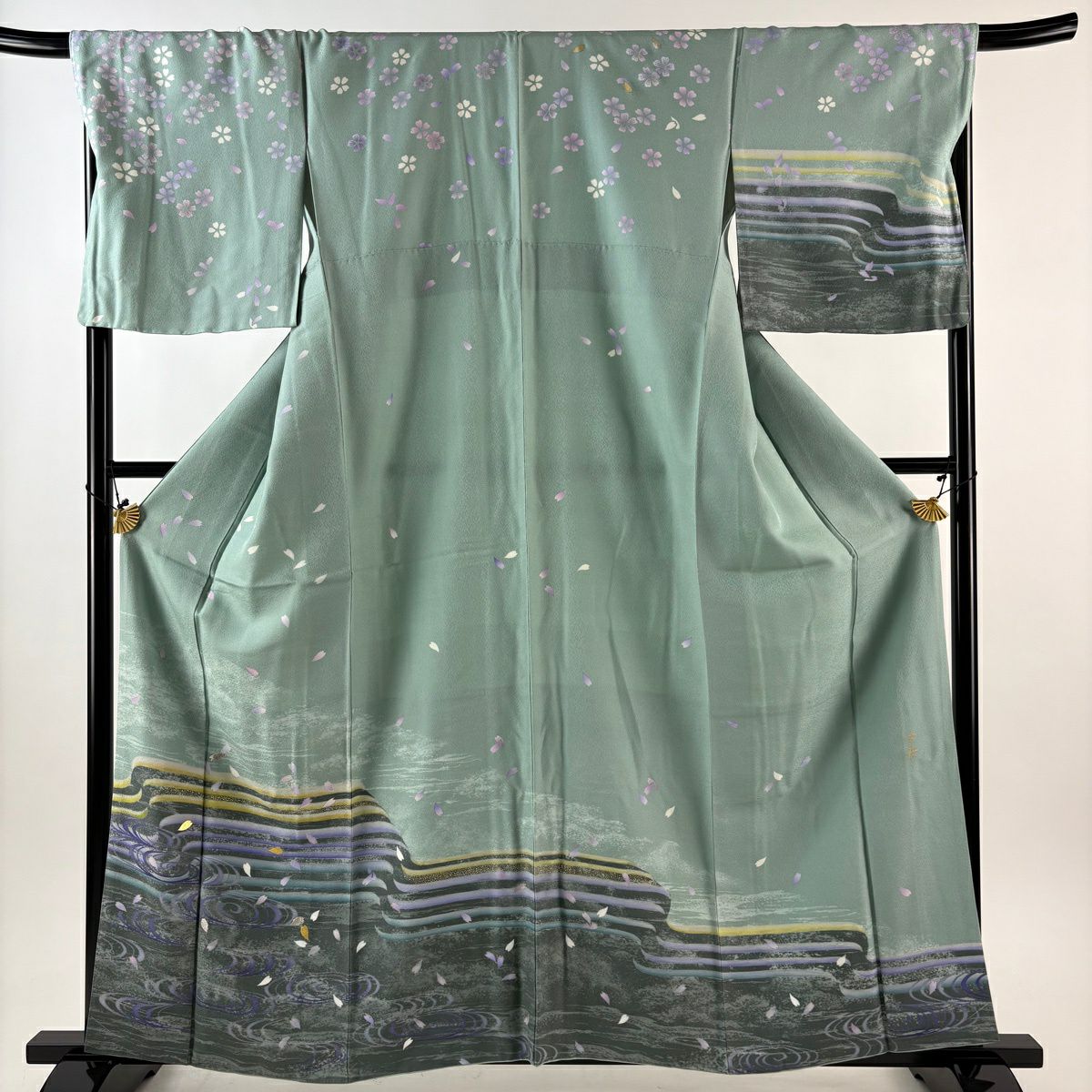 訪問服 身長160cm 袖長68.5cm L 雙層 有落款 流水 櫻花 金銀彩 薄綠 純蠶絲 名品級