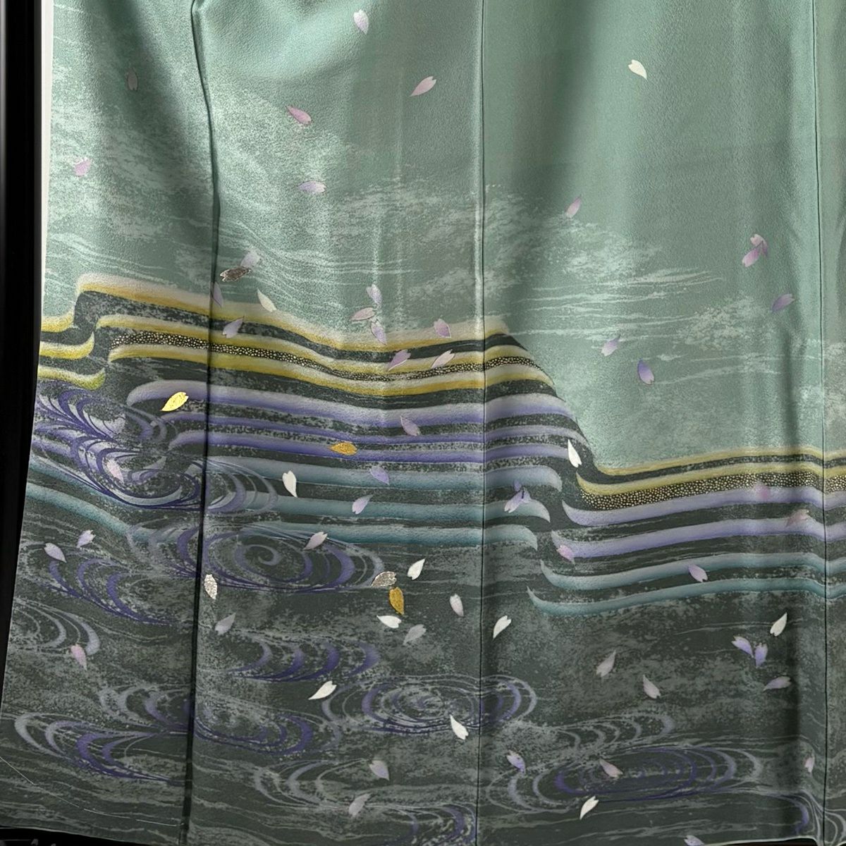 訪問服 身長160cm 袖長68.5cm L 雙層 有落款 流水 櫻花 金銀彩 薄綠 純蠶絲 名品級
