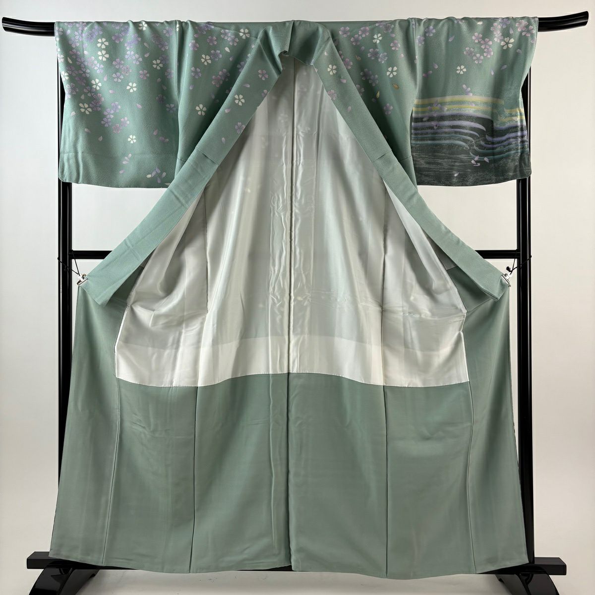訪問服 身長160cm 袖長68.5cm L 雙層 有落款 流水 櫻花 金銀彩 薄綠 純蠶絲 名品級