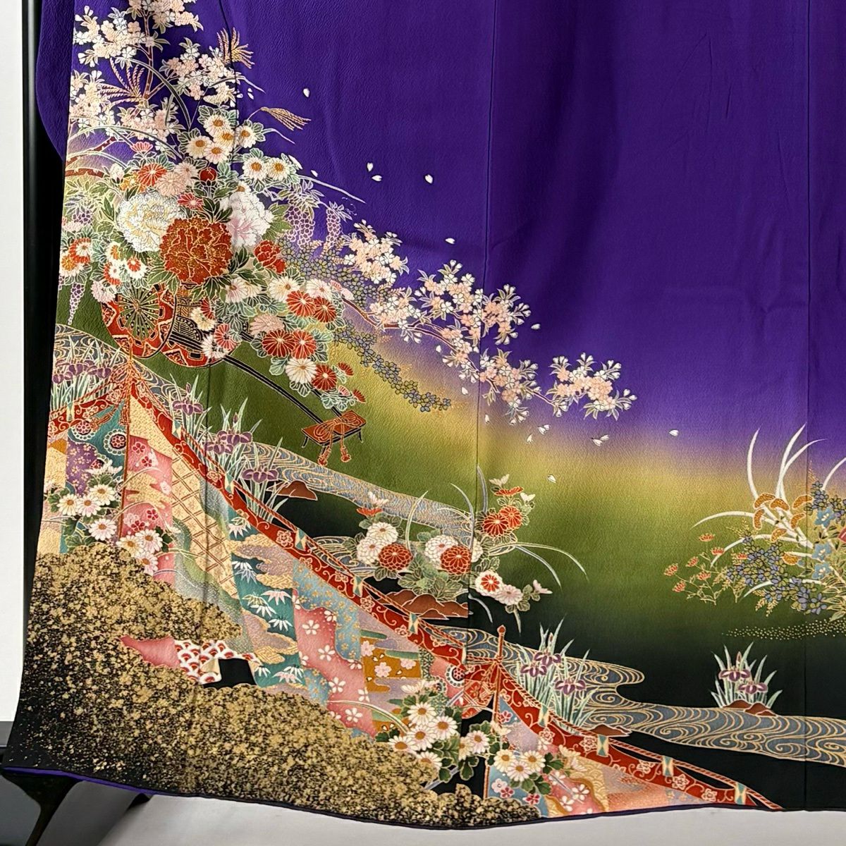 振袖禮服 身長162cm 袖長67cm M 雙層 桂由美 落款 花車 幔幕 金銀彩 漸層 紫 純蠶絲 名品級 一つ紋