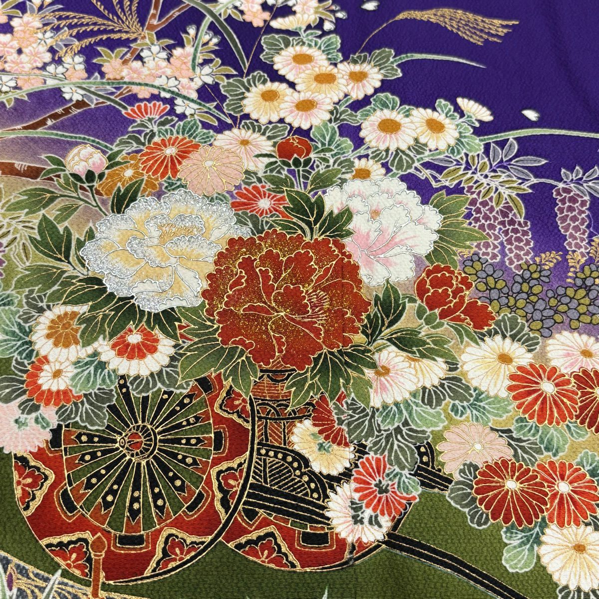 振袖禮服 身長162cm 袖長67cm M 雙層 桂由美 落款 花車 幔幕 金銀彩 漸層 紫 純蠶絲 名品級 一つ紋