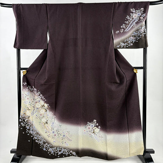 付下 身長163cm 袖長69.5cm L 雙層 草花紋紋 花瓣 金銀彩 漸層 茶紫 純蠶絲 名品級
