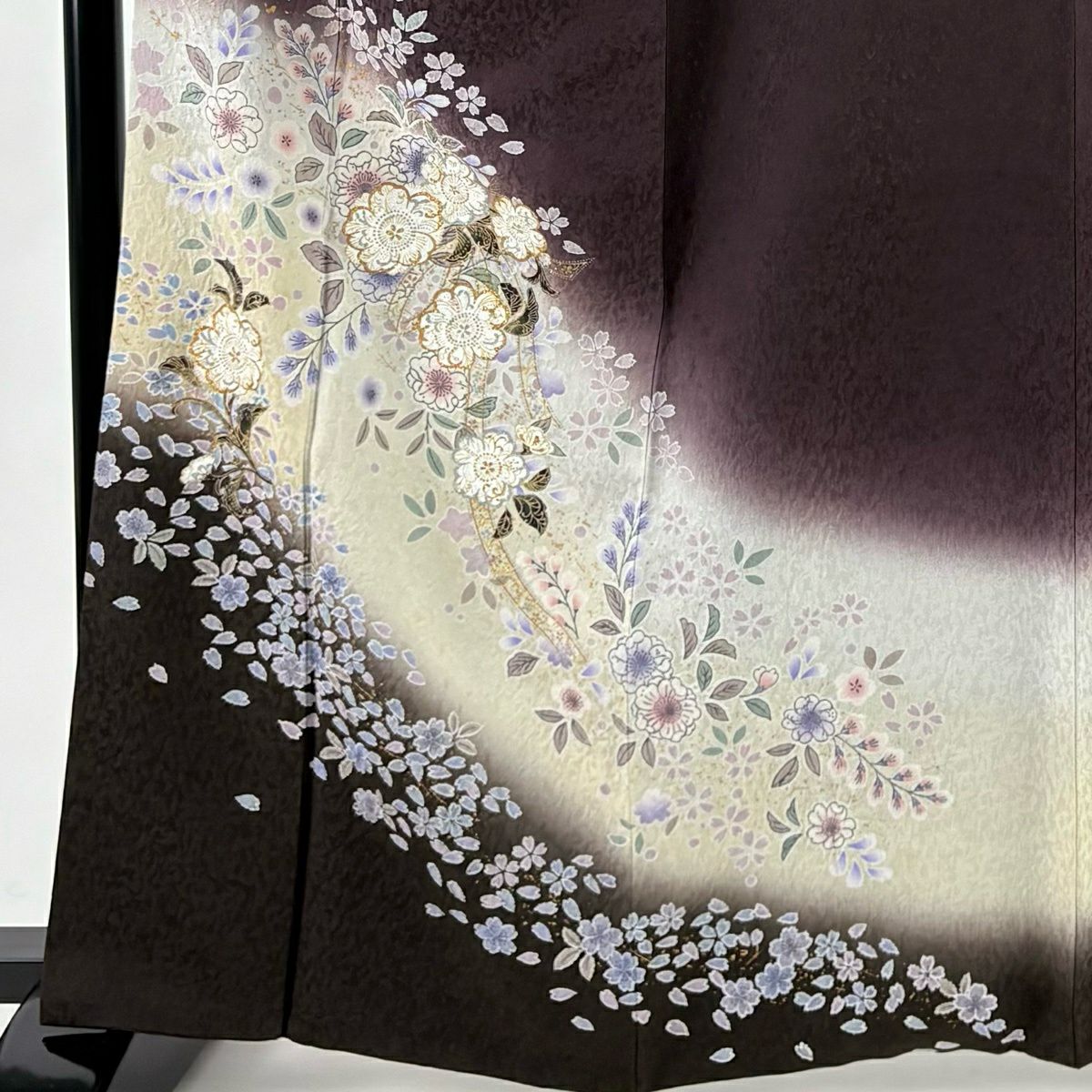 付下 身長163cm 袖長69.5cm L 雙層 草花紋紋 花瓣 金銀彩 漸層 茶紫 純蠶絲 名品級