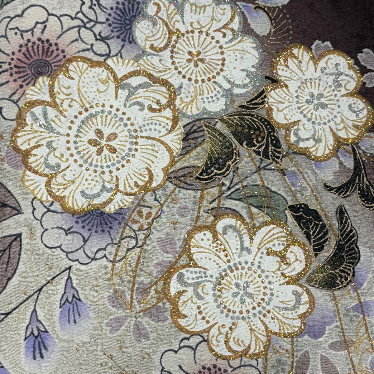 付下 身長163cm 袖長69.5cm L 雙層 草花紋紋 花瓣 金銀彩 漸層 茶紫 純蠶絲 名品級