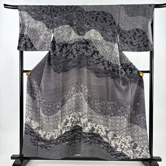 訪問服 身長155cm 袖長67.5cm L 雙層 落款あり 華紋 波頭 黑 純蠶絲 名品級
