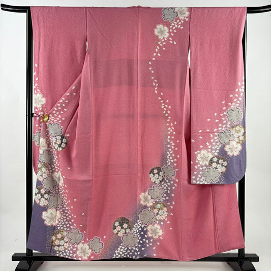 振袖禮服 身長157cm 袖長65cm M 雙層櫻花球銀通金銀彩粉紅純蠶絲名品級