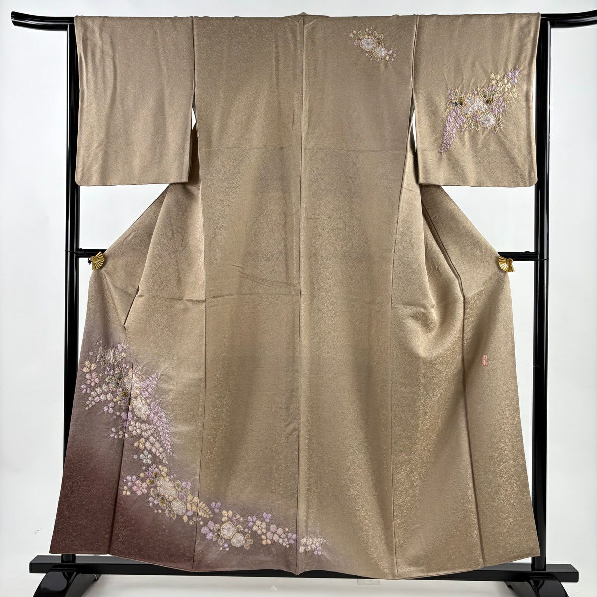 付下 身長157cm 袖長64cm M 雙層 徳永憲峯 落款あり 辻花染 金銀彩 染分 薄茶 純蠶絲 名品級