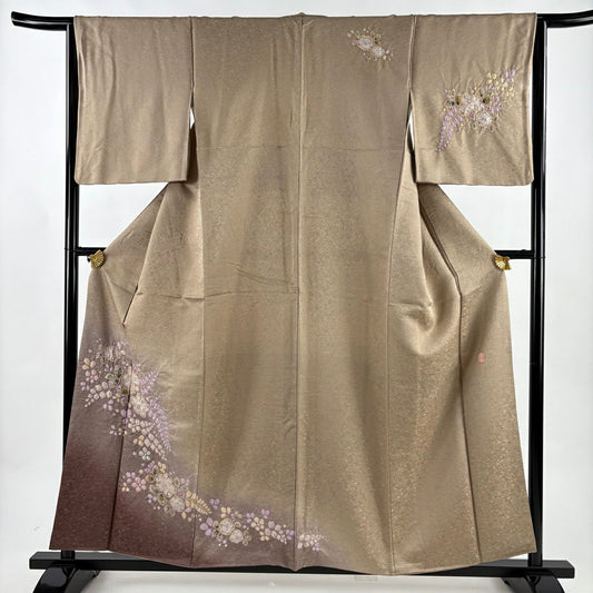 付下 身長157cm 袖長64cm M 雙層 徳永憲峯 落款あり 辻花染 金銀彩 染分 薄茶 純蠶絲 名品級