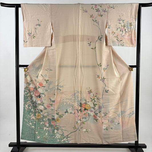 訪問服 身長155cm 袖長61.5cm S 雙層 落款あり 菊花 萩 染分 薄橙色 純蠶絲 名品級