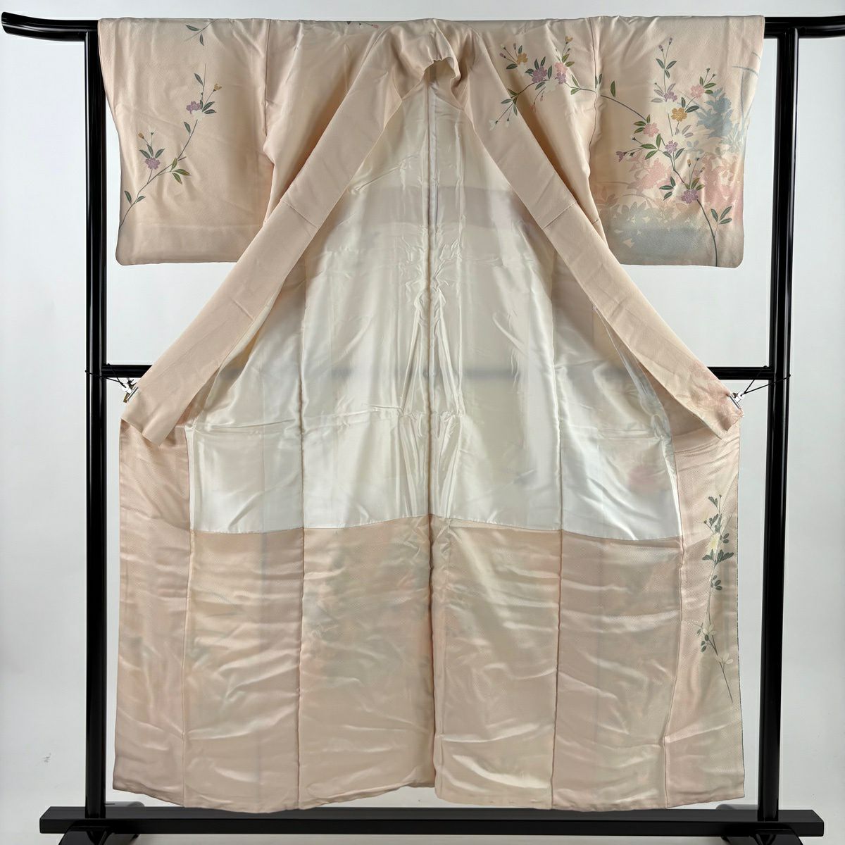 訪問服 身長155cm 袖長61.5cm S 雙層 落款あり 菊花 萩 染分 薄橙色 純蠶絲 名品級