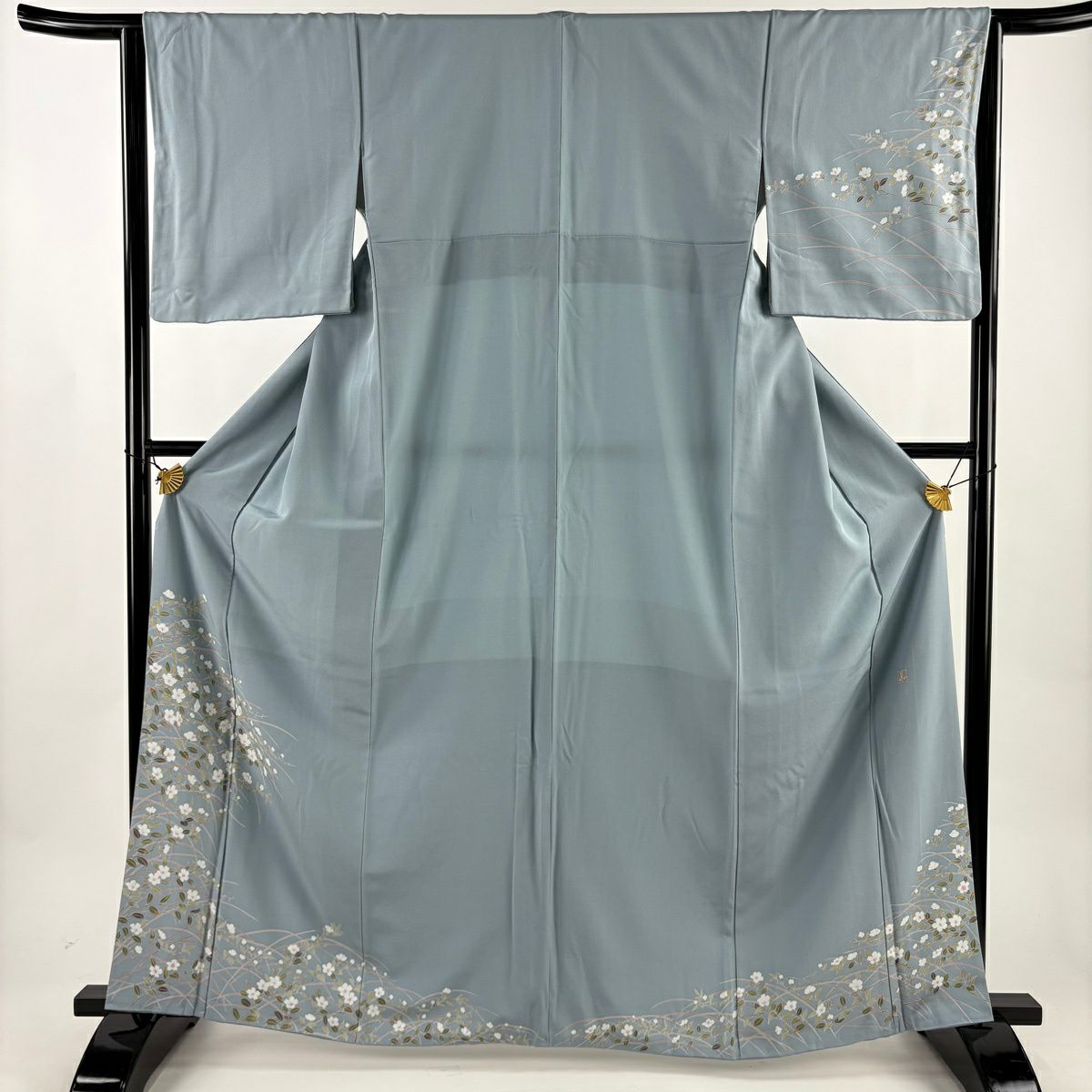訪問服 身長163cm 袖長64cm M 雙層 落款あり 枝花 葉柄 水色 純蠶絲 名品級