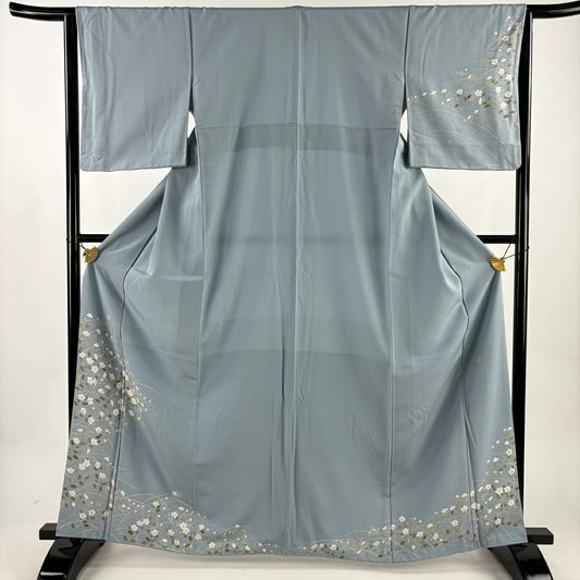 訪問服 身長163cm 袖長64cm M 雙層 落款あり 枝花 葉柄 水色 純蠶絲 名品級