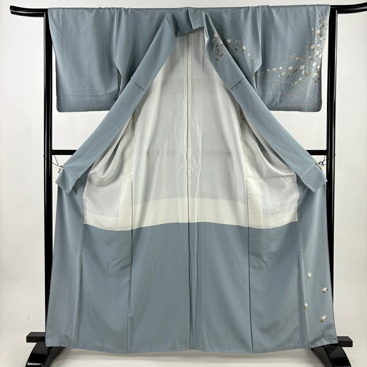訪問服 身長163cm 袖長64cm M 雙層 落款あり 枝花 葉柄 水色 純蠶絲 名品級