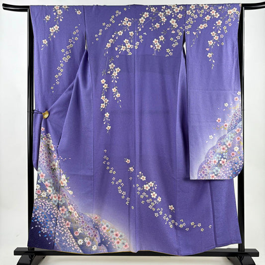 振袖禮服 身長156.5cm 袖長64.5cm M 雙層 櫻花花瓣 金金箔 銀通 薄紫 純蠶絲 名品級