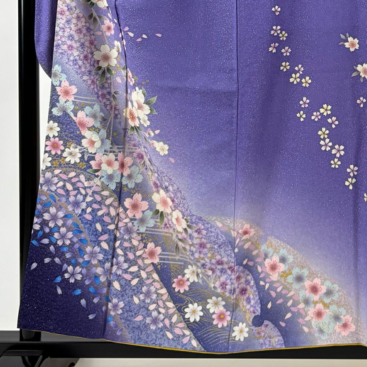 振袖禮服 身長156.5cm 袖長64.5cm M 雙層 櫻花花瓣 金金箔 銀通 薄紫 純蠶絲 名品級