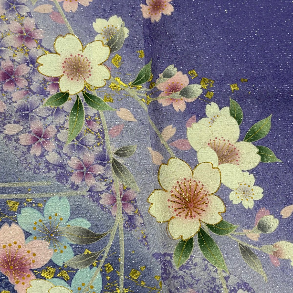 振袖禮服 身長156.5cm 袖長64.5cm M 雙層 櫻花花瓣 金金箔 銀通 薄紫 純蠶絲 名品級