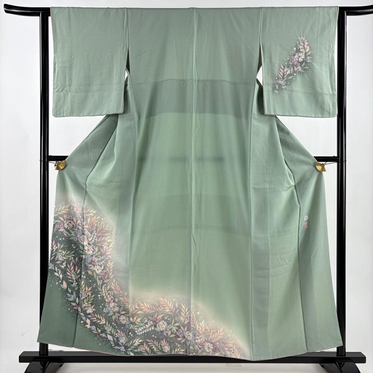 付下 身長156.5cm 袖長63cm S 雙層 翠山工房 大和 落款あり 辻花染 分染 漸層 淡綠 純蠶絲 名品級