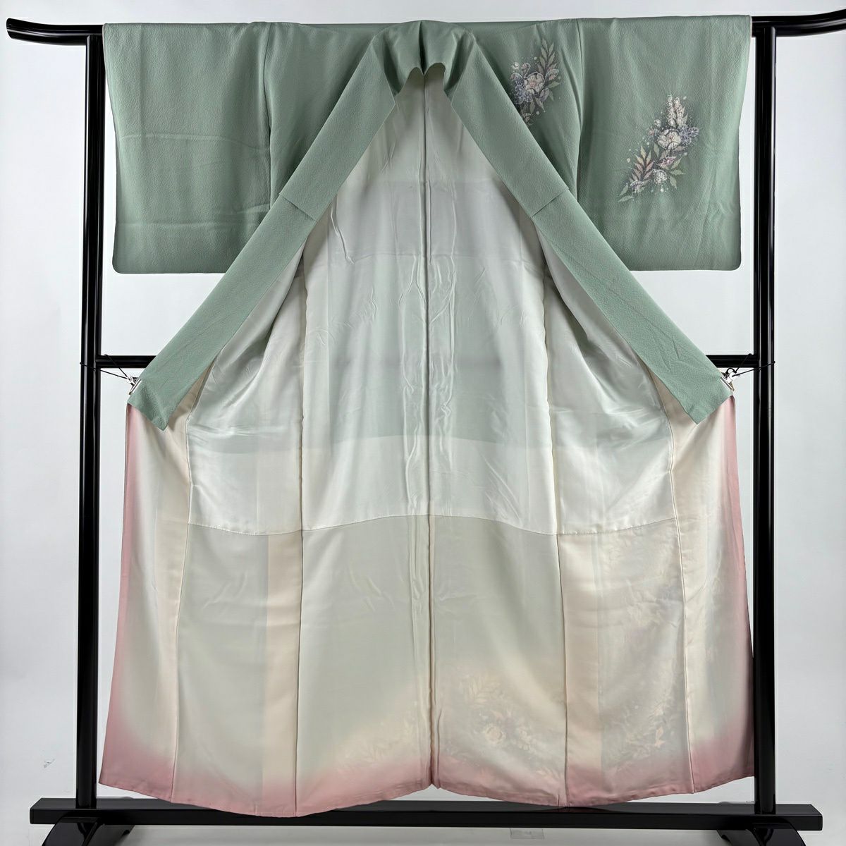 付下 身長156.5cm 袖長63cm S 雙層 翠山工房 大和 落款あり 辻花染 分染 漸層 淡綠 純蠶絲 名品級
