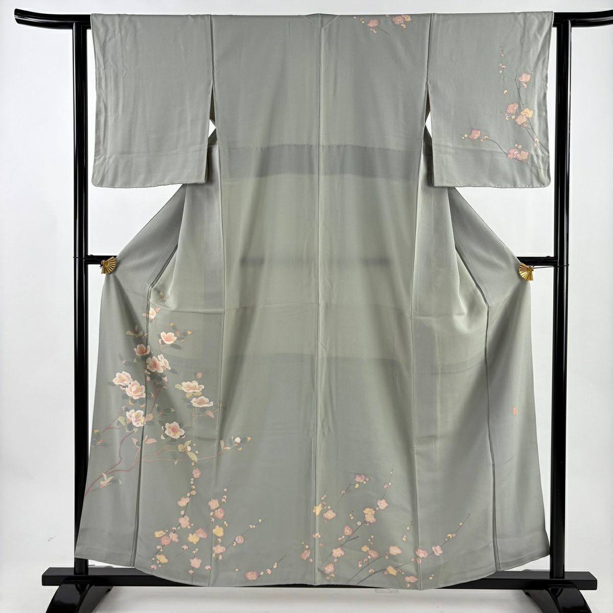 訪問服 身長158.5cm 袖長62cm S 雙層 有落款 櫻花 梅花花 灰綠 純蠶絲 名品級