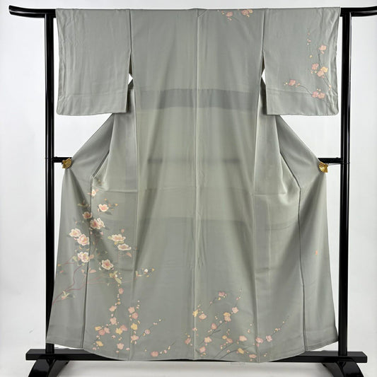 訪問服 身長158.5cm 袖長62cm S 雙層 有落款 櫻花 梅花花 灰綠 純蠶絲 名品級