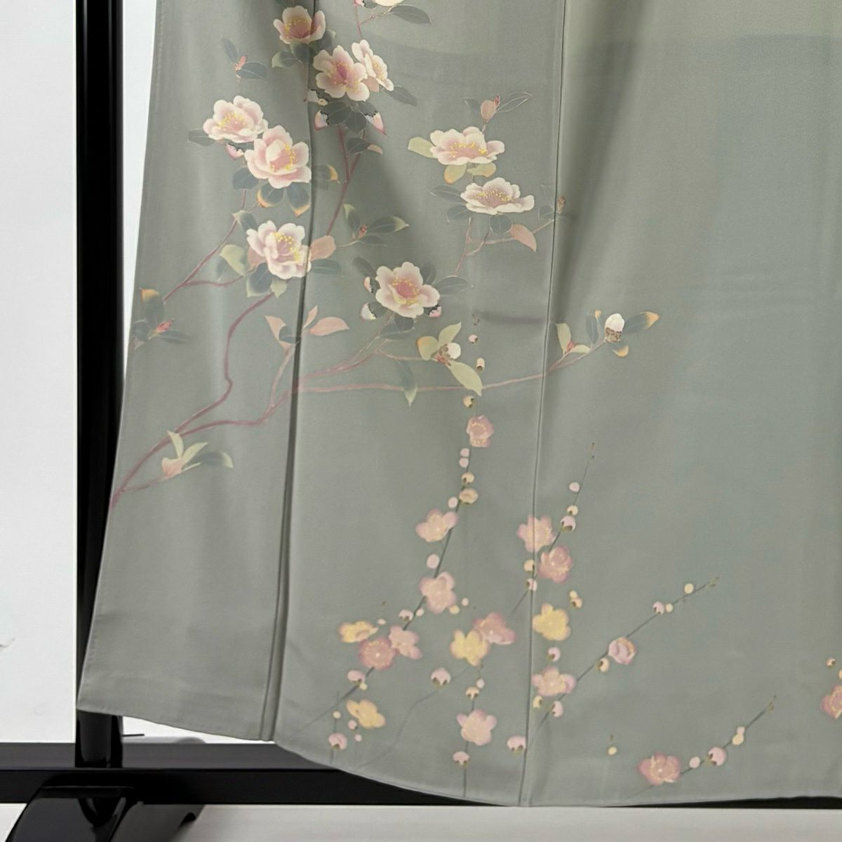 訪問服 身長158.5cm 袖長62cm S 雙層 有落款 櫻花 梅花花 灰綠 純蠶絲 名品級