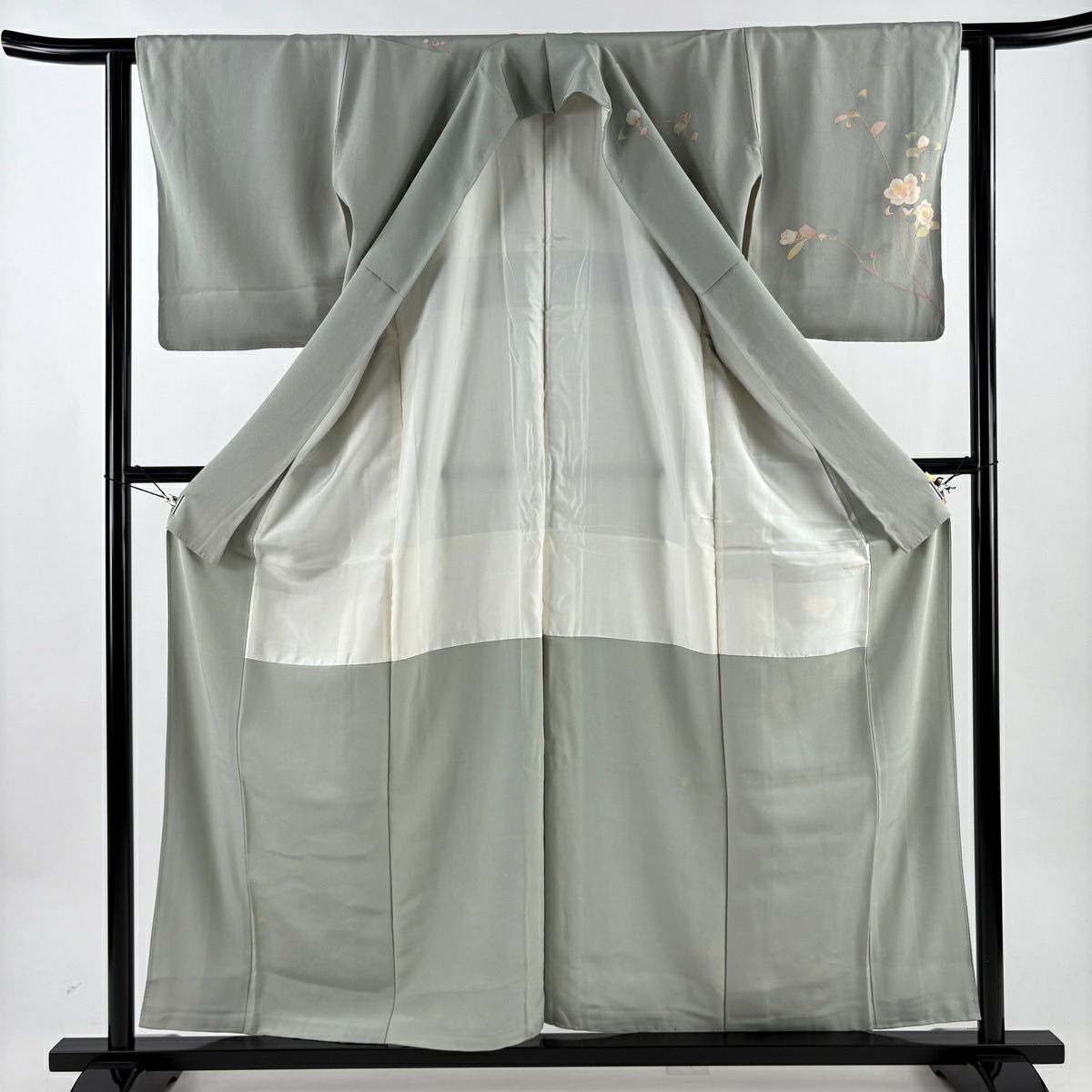 訪問服 身長158.5cm 袖長62cm S 雙層 有落款 櫻花 梅花花 灰綠 純蠶絲 名品級