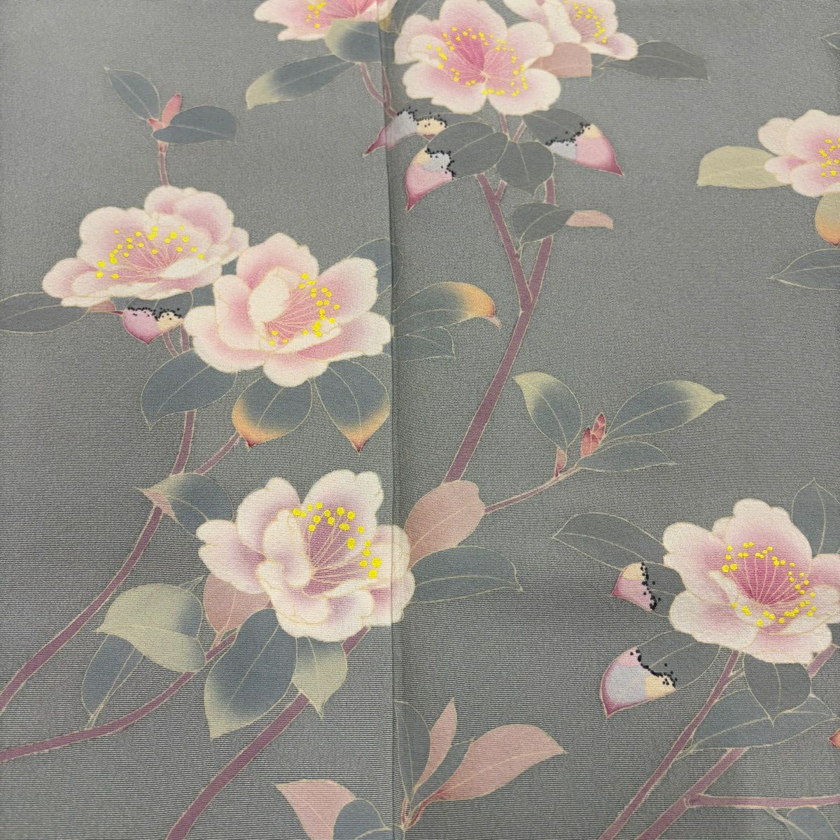 訪問服 身長158.5cm 袖長62cm S 雙層 有落款 櫻花 梅花花 灰綠 純蠶絲 名品級