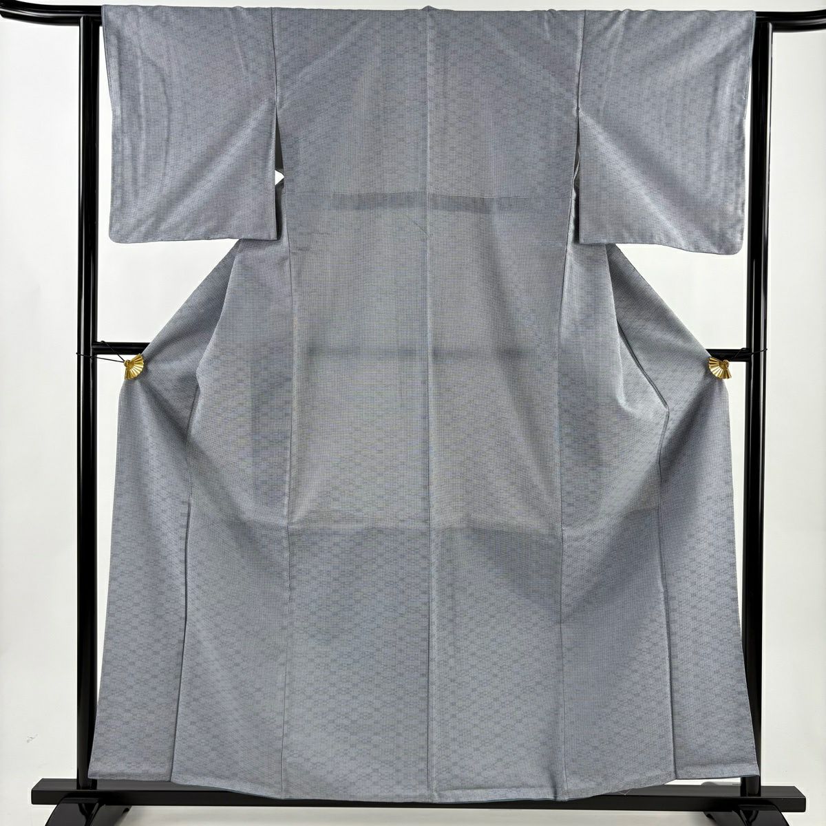 【美品】 小紋 身長160.5cm 袖長63cm S 雙層 紬織織 地紋 格子 青灰 純蠶絲 名品級