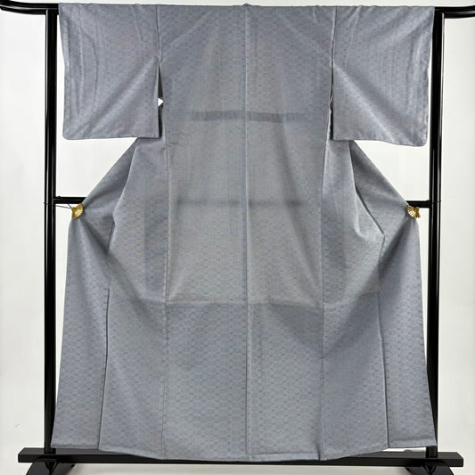 【美品】 小紋 身長160.5cm 袖長63cm S 雙層 紬織織 地紋 格子 青灰 純蠶絲 名品級