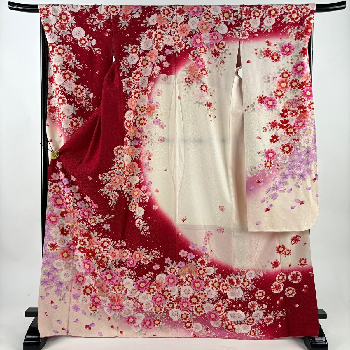 振袖禮服 身長171cm 袖長68cm L 雙層 手鞠 草花紋紋 金銀彩 刺繡 紅 純蠶絲 名品級