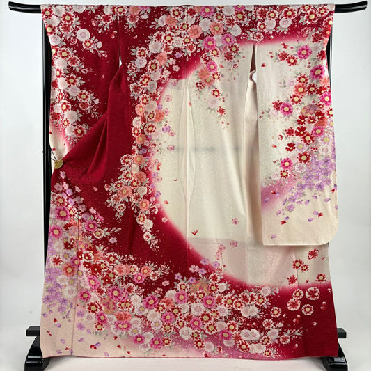 振袖禮服 身長171cm 袖長68cm L 雙層 手鞠 草花紋紋 金銀彩 刺繡 紅 純蠶絲 名品級