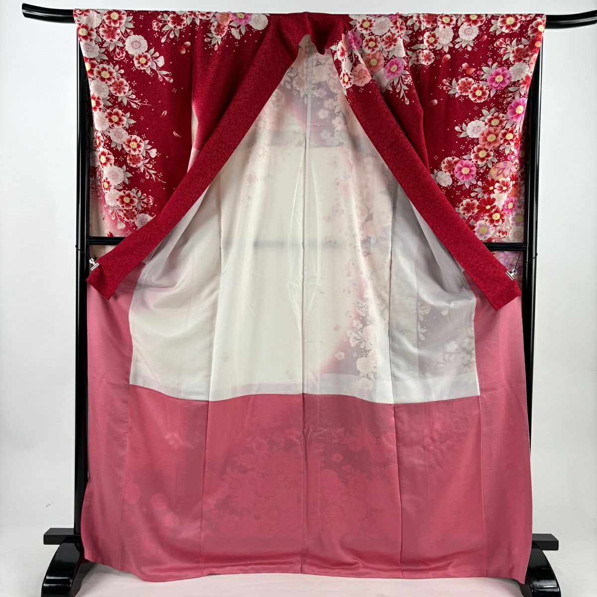 振袖禮服 身長171cm 袖長68cm L 雙層 手鞠 草花紋紋 金銀彩 刺繡 紅 純蠶絲 名品級