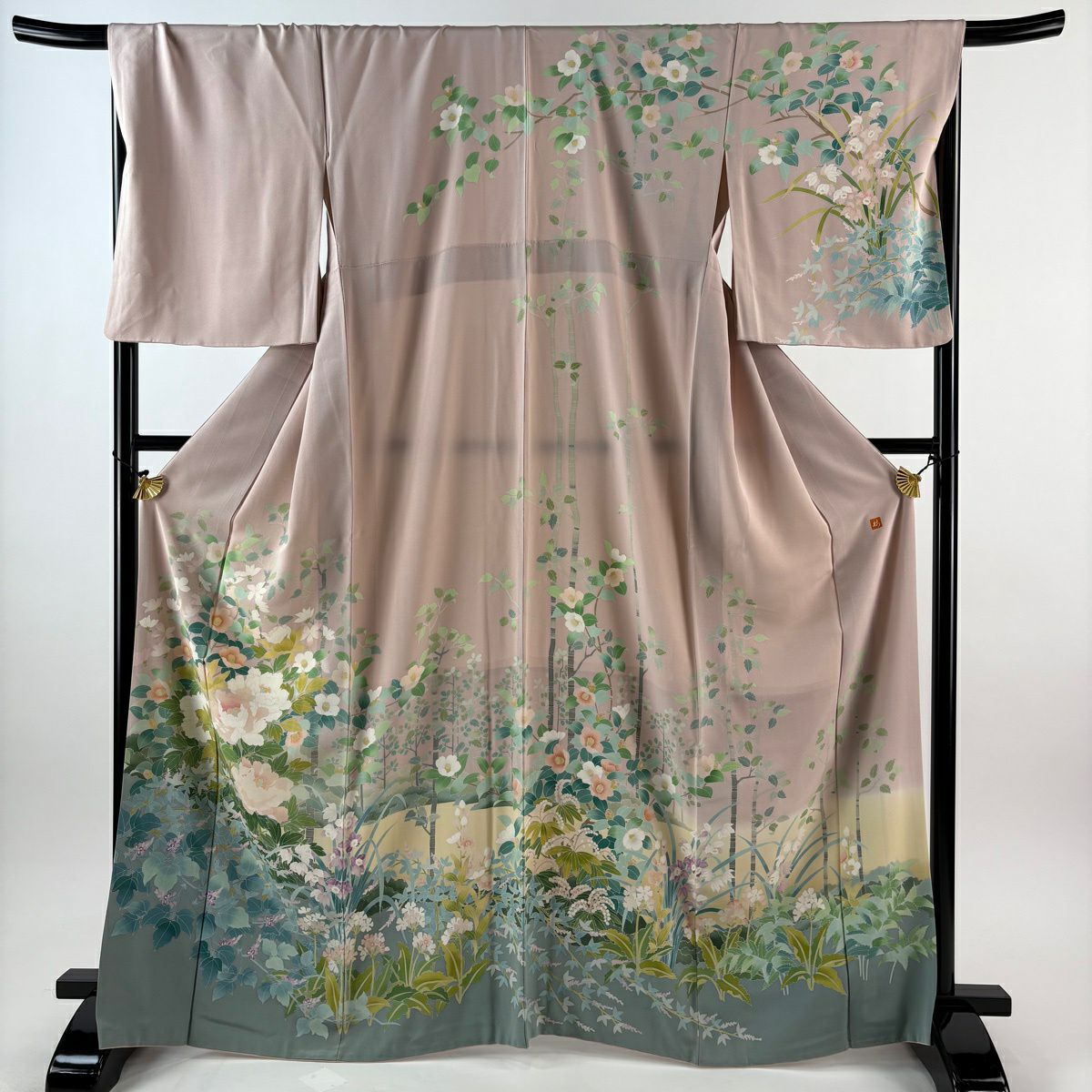 訪問服 身長167.5cm 袖長68cm L 雙層 落款あり 牡丹 椿 灰櫻 純蠶絲 名品級