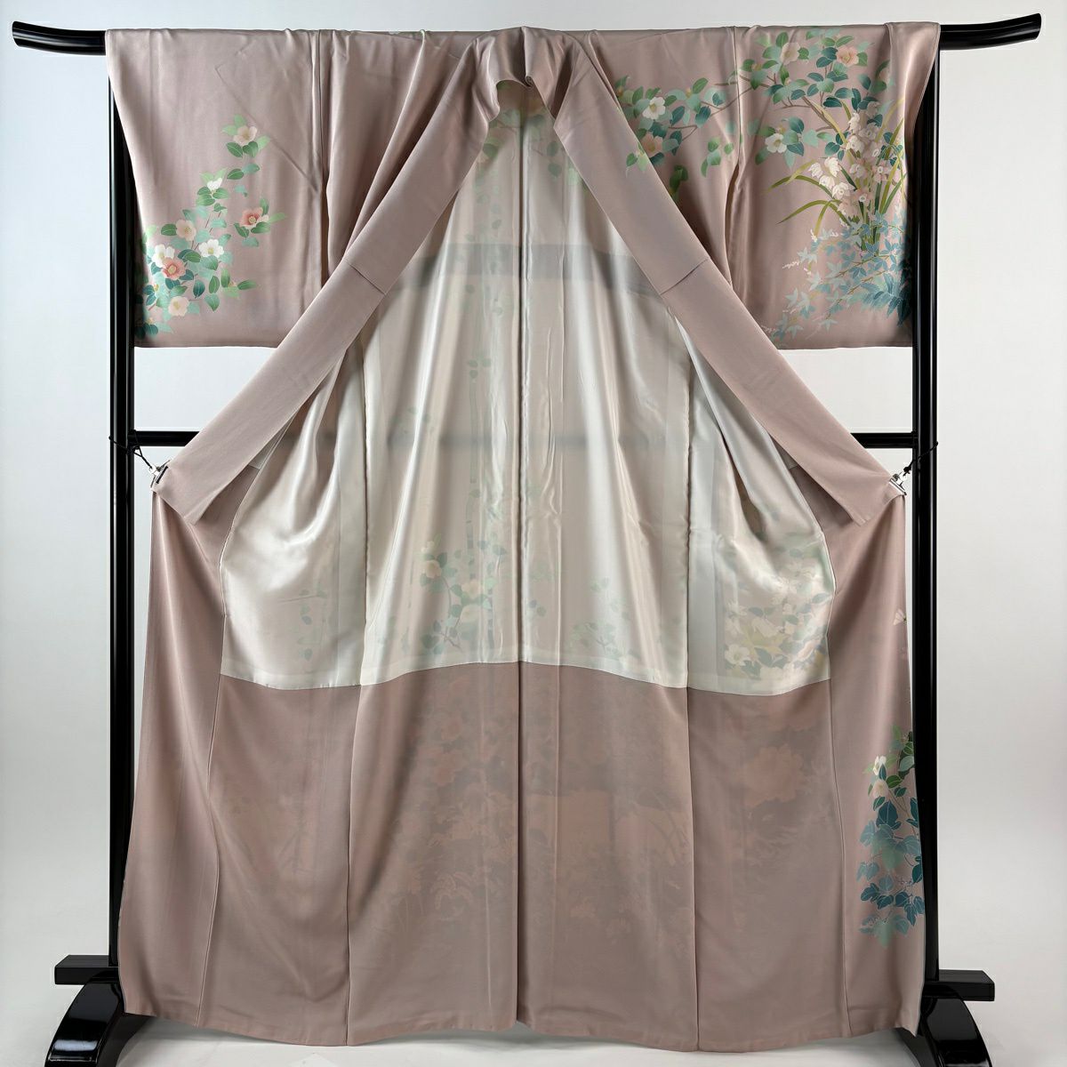 訪問服 身長167.5cm 袖長68cm L 雙層 落款あり 牡丹 椿 灰櫻 純蠶絲 名品級