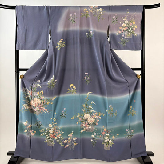訪問服 身長164.5cm 袖長65cm M 雙層 阿部佳雪 落款あり 花籠 草花紋紋 漸層 染分 灰紫 純蠶絲 名品級