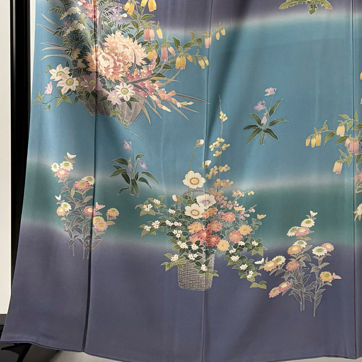 訪問服 身長164.5cm 袖長65cm M 雙層 阿部佳雪 落款あり 花籠 草花紋紋 漸層 染分 灰紫 純蠶絲 名品級